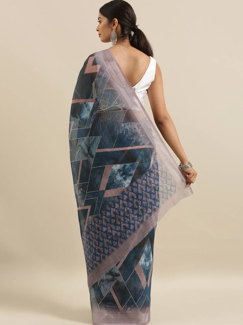 CLASSICATE from the house of The Chennai Silks Multicolor Printed Linen Blend Saree With Running Blouse