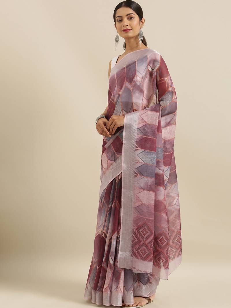 CLASSICATE from the house of The Chennai Silks Pink Printed Linen Blend Saree With Running Blouse
