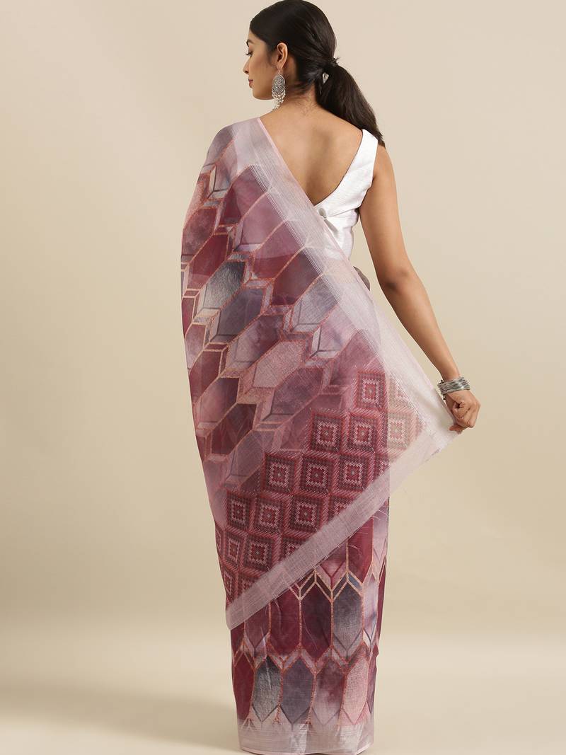 CLASSICATE from the house of The Chennai Silks Pink Printed Linen Blend Saree With Running Blouse