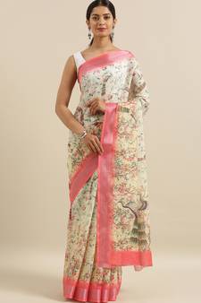 CLASSICATE from the house of The Chennai Silks Yellow Printed Linen Blend Saree With Running Blouse