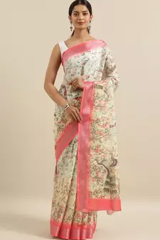 CLASSICATE from the house of The Chennai Silks Yellow Printed Linen Blend Saree With Running Blouse
