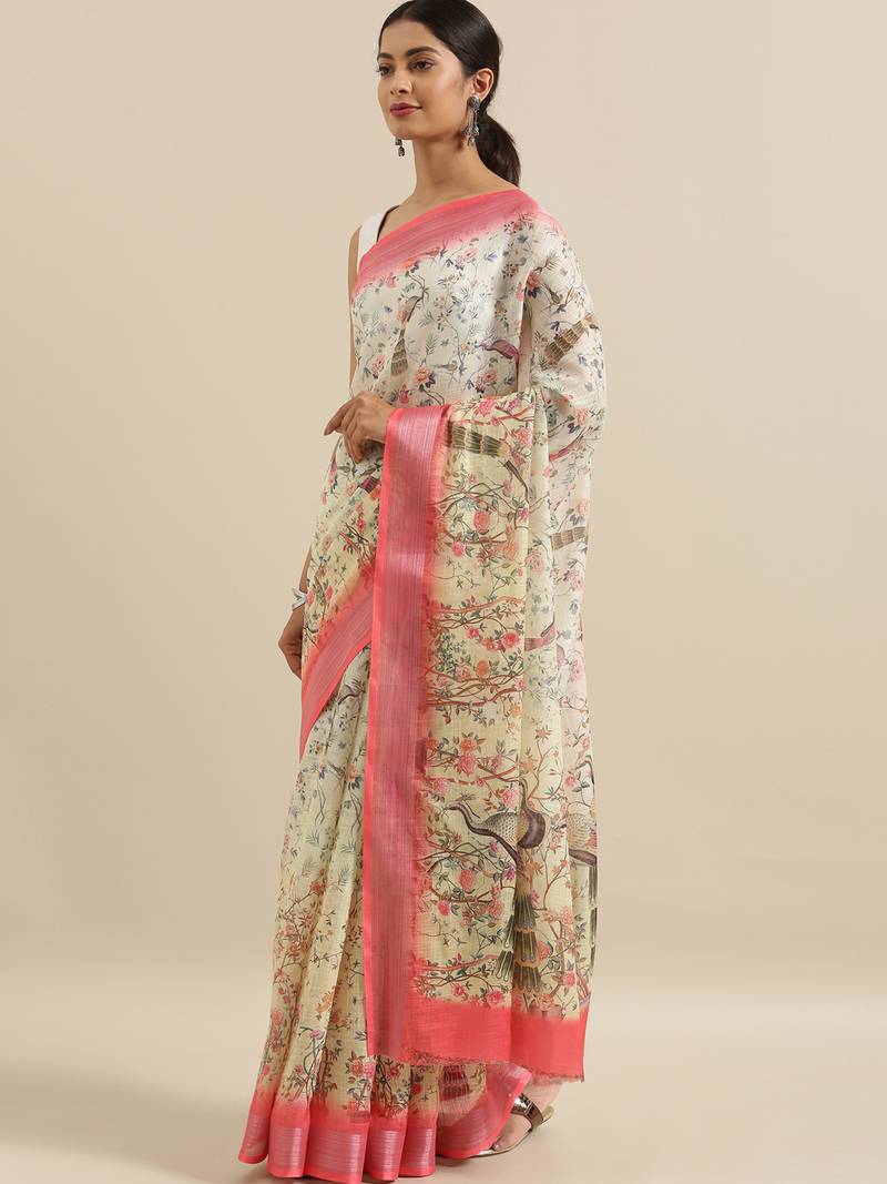 CLASSICATE from the house of The Chennai Silks Yellow Printed Linen Blend Saree With Running Blouse