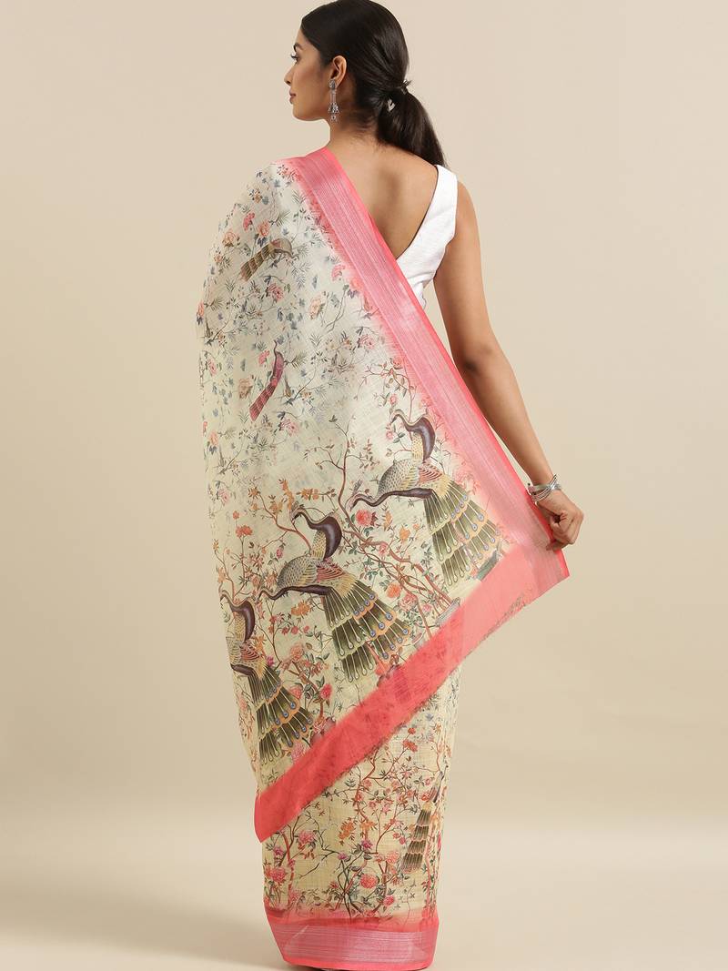 CLASSICATE from the house of The Chennai Silks Yellow Printed Linen Blend Saree With Running Blouse