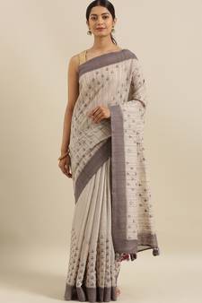CLASSICATE from the house of The Chennai Silks Beige Linen Blend  Embroidered Saree With Running Blouse