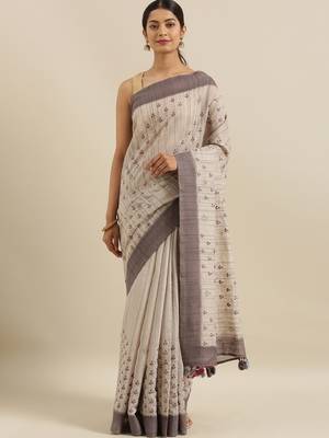 CLASSICATE from the house of The Chennai Silks Beige Linen Blend  Embroidered Saree With Running Blouse 1