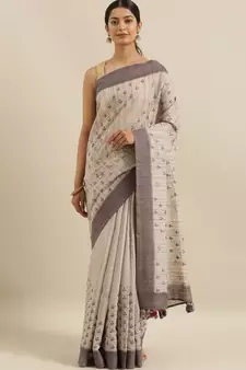 CLASSICATE from the house of The Chennai Silks Beige Linen Blend  Embroidered Saree With Running Blouse