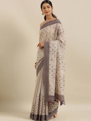 CLASSICATE from the house of The Chennai Silks Beige Linen Blend  Embroidered Saree With Running Blouse 2