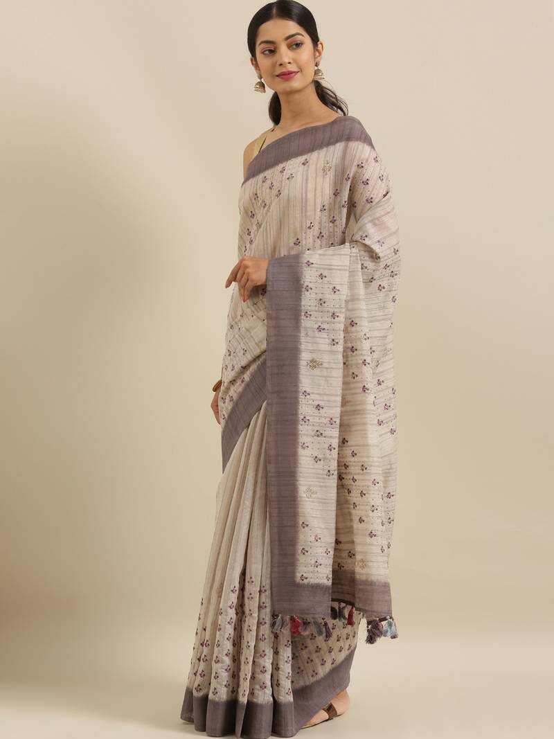 CLASSICATE from the house of The Chennai Silks Beige Linen Blend  Embroidered Saree With Running Blouse