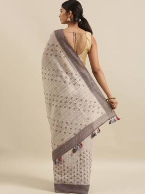 CLASSICATE from the house of The Chennai Silks Beige Linen Blend  Embroidered Saree With Running Blouse 3