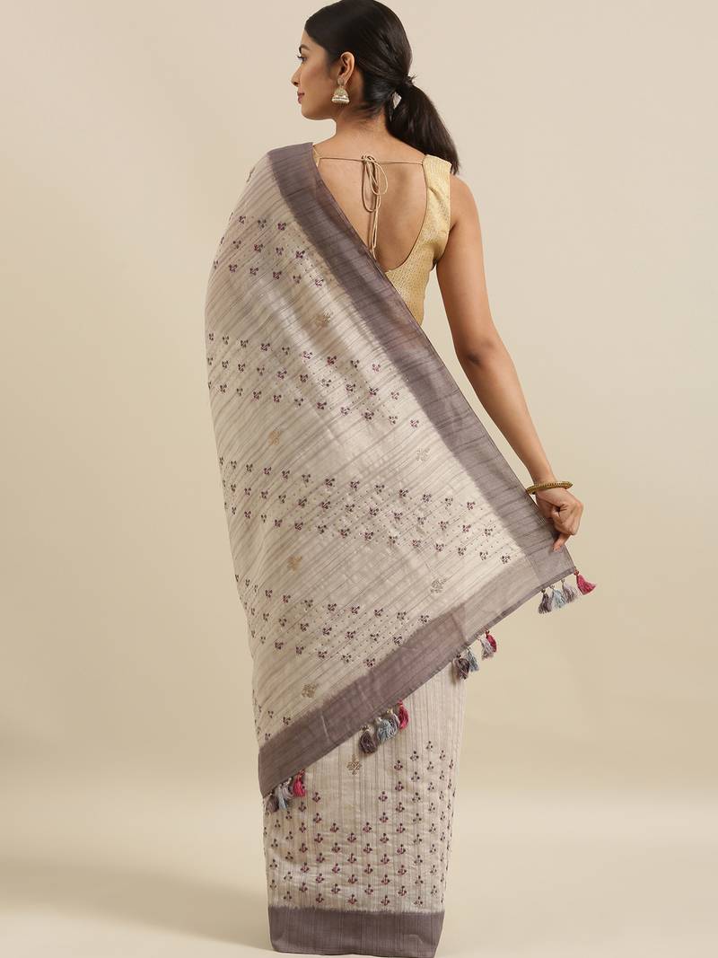 CLASSICATE from the house of The Chennai Silks Beige Linen Blend  Embroidered Saree With Running Blouse