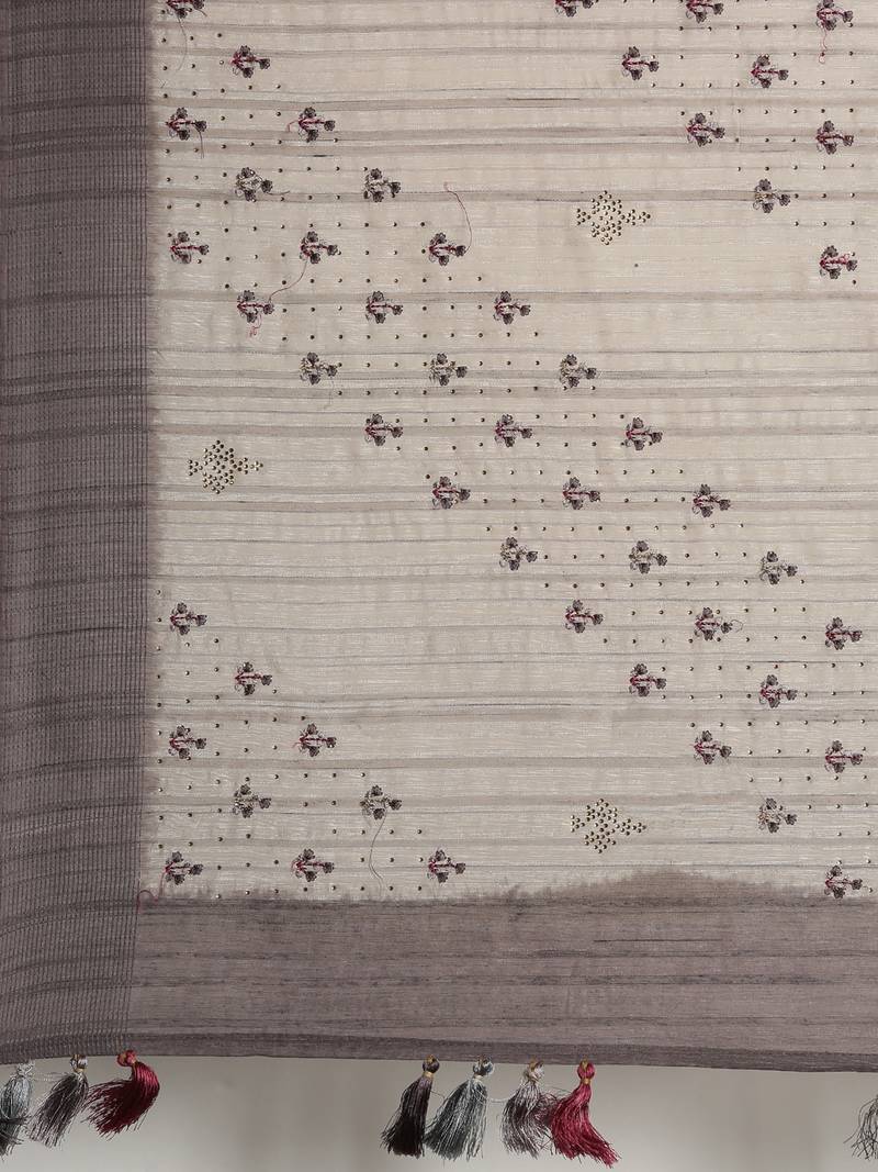 CLASSICATE from the house of The Chennai Silks Beige Linen Blend  Embroidered Saree With Running Blouse