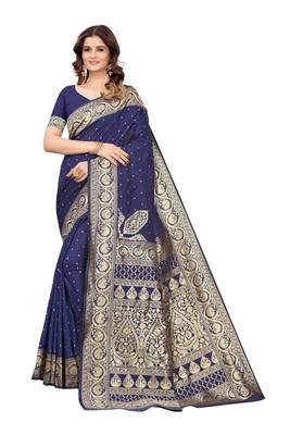Dark navy blue woven kanjivaram silk blend saree with blouse 1