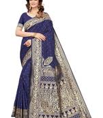 Dark navy blue woven kanjivaram silk blend saree with blouse
