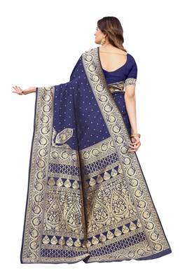Dark navy blue woven kanjivaram silk blend saree with blouse 2