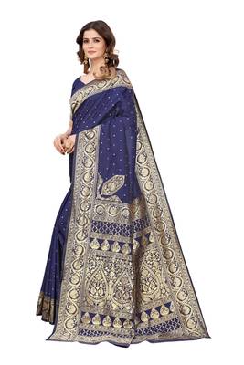 Dark navy blue woven kanjivaram silk blend saree with blouse 3