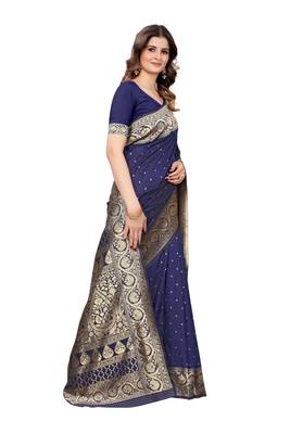 Dark navy blue woven kanjivaram silk blend saree with blouse 4