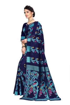 Navy blue woven cotton saree with blouse 2