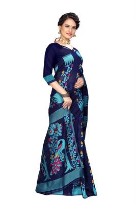 Navy blue woven cotton saree with blouse 3