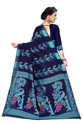 Navy blue woven cotton saree with blouse 4