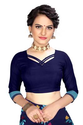 Navy blue woven cotton saree with blouse 5