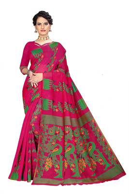 Pink woven cotton saree with blouse 1
