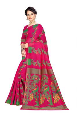 Pink woven cotton saree with blouse 2