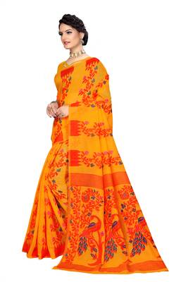 Yellow woven cotton saree with blouse 2