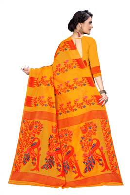 Yellow woven cotton saree with blouse 4