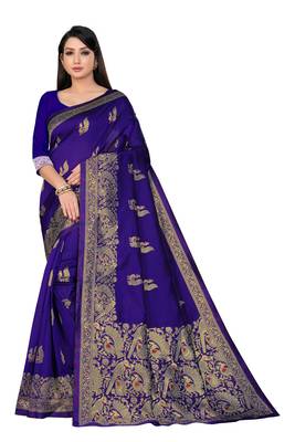 Royal blue woven silk saree with blouse 1