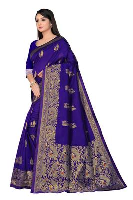 Royal blue woven silk saree with blouse 2