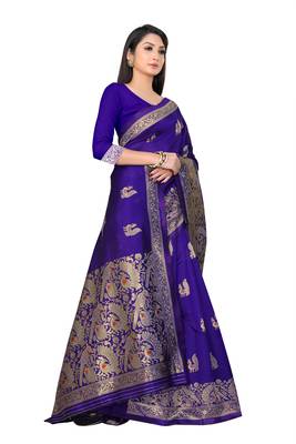 Royal blue woven silk saree with blouse 3