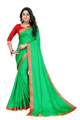 Green plain silk saree with blouse 1
