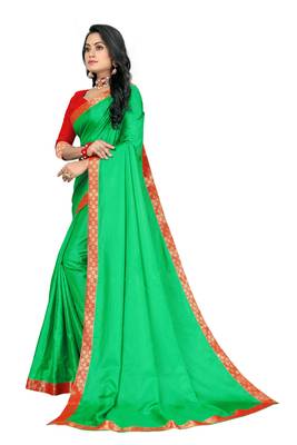 Green plain silk saree with blouse 2