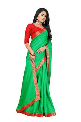 Green plain silk saree with blouse 3