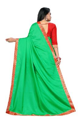 Green plain silk saree with blouse 4