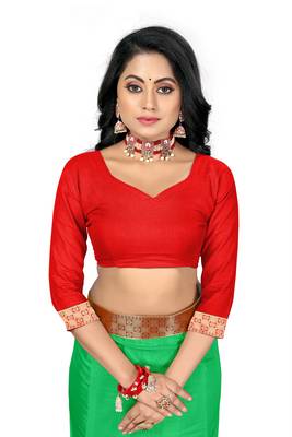 Green plain silk saree with blouse 5