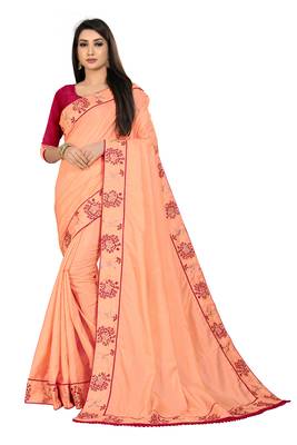 Peach embroidered silk saree with blouse 1