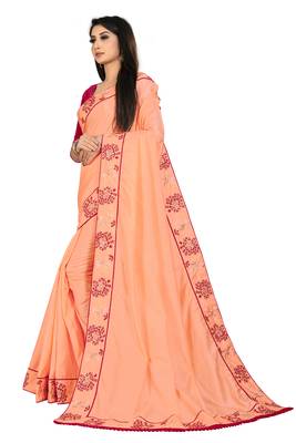 Peach embroidered silk saree with blouse 2