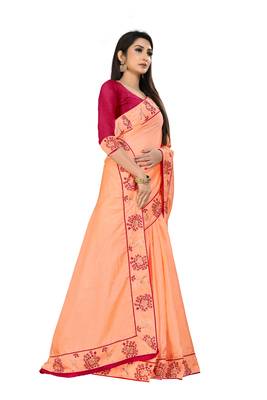 Peach embroidered silk saree with blouse 3