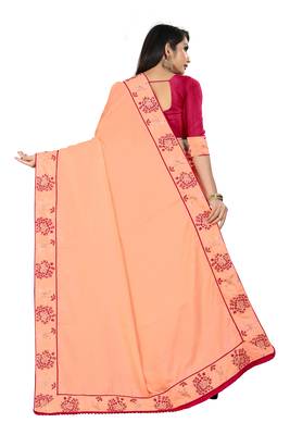 Peach embroidered silk saree with blouse 4