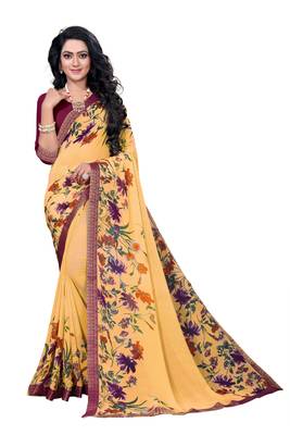 Beige printed georgette saree with blouse 1
