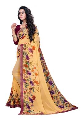 Beige printed georgette saree with blouse 2