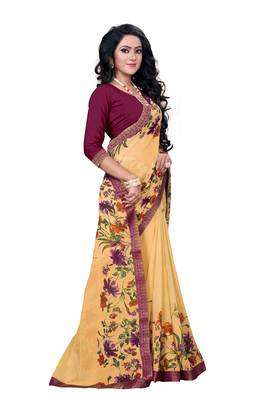 Beige printed georgette saree with blouse 3