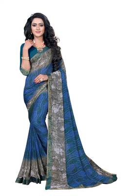 Blue printed georgette saree with blouse 1