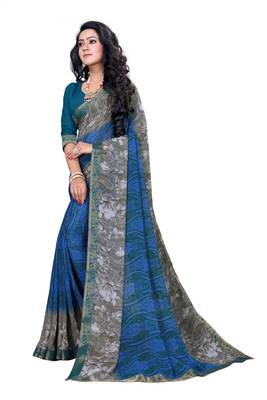 Blue printed georgette saree with blouse 2
