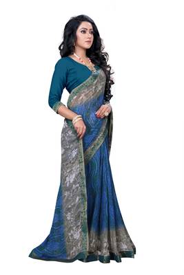 Blue printed georgette saree with blouse 3