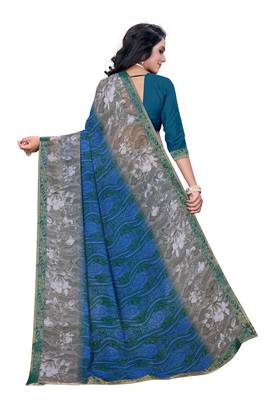 Blue printed georgette saree with blouse 4