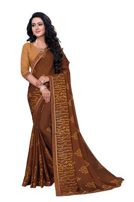 Light brown printed georgette saree with blouse 1