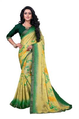 Green printed georgette saree with blouse 1