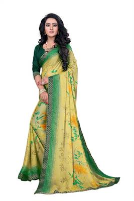 Green printed georgette saree with blouse 2